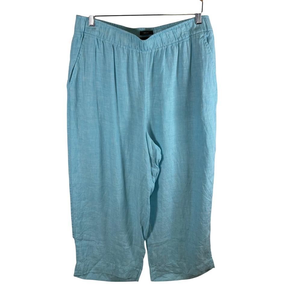 Tahari Womens XL Light Blue 100% Linen Elastic Waist Wide Leg Cropped‎ Pants